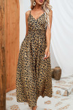V Neck Leopard Smocked Waist Cami Maxi Dress