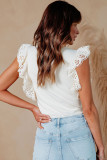 White Lace Flutter Sleeve Ruffled Ribbed Blouse
