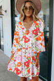 Orange White V Neck 3/4 Sleeve Floral Dress