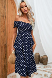 Smocked Off Shoulder Printed Midi Dress