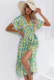 Wrap V Neck Tulip Sleeves Maxi Floral Dress