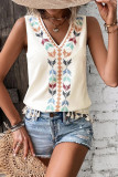 Sleeveless V Neck Embroidery Tassel Hem Top