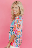 Sky Blue Abstract Print Ruffle V Neck Blouse