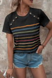 Stripes Splicing Button Short Sleeves Top