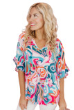 Sky Blue Abstract Print Ruffle V Neck Blouse