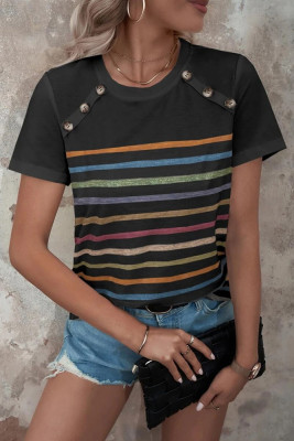 Stripes Splicing Button Short Sleeves Top