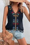 Sleeveless V Neck Embroidery Tassel Hem Top