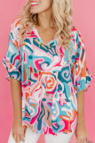 Sky Blue Abstract Print Ruffle V Neck Blouse