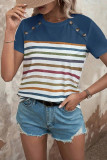Stripes Splicing Button Short Sleeves Top