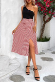 One Shoulder Striped Split Midi Dress