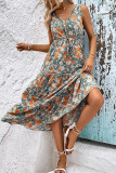 V Neck Buttoned Drawstring Floral Maxi Dress