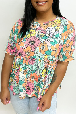 Multicolor Plus Size Floral Print Short Sleeve Flowy Top