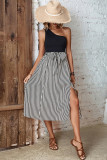 One Shoulder Striped Split Midi Dress