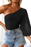 Black One Shoulder Mesh Long Sleeve Bodysuit
