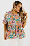 Multicolor Plus Size Floral Print Short Sleeve Flowy Top