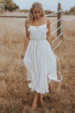White Swiss Dot Spaghetti Straps Ruffled Maxi Dress