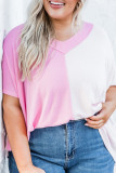 Pink Color Block Ribbed Knit V Neck Plus Size T Shirt