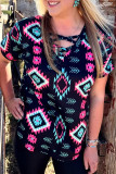 Black Western Fashion Aztec Print Crisscross V Neck Top