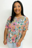 Multicolor Plus Size Floral Print Short Sleeve Flowy Top