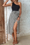 One Shoulder Striped Split Midi Dress