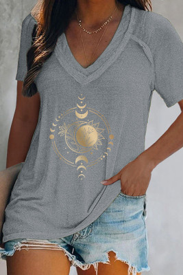 Sun And Moon Print V Neck Graphic Tee