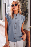 Sky Blue Button Up Ruffled Sleeveless Shirt with Chest Pocket