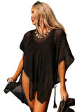 Black Half Sleeve V Neck Drawstring Sides Knit Beach Cover Up