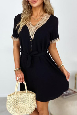 Black Lace Splicing Short Sleeve Dress with Waist Tie