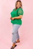 Green Ribbed Lace Patchwork Puff Sleeve Plus Size Blouse