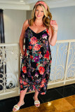 Black Plus Size Floral Print Thin Straps Maxi Dress