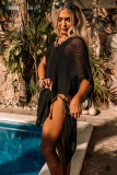 Black Half Sleeve V Neck Drawstring Sides Knit Beach Cover Up