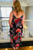 Black Plus Size Floral Print Thin Straps Maxi Dress