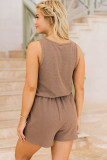 Brown Waffle Knit Buttoned Drawstring Sleeveless Romper