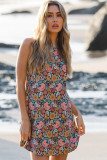 Multicolor Vintage Floral Print Keyhole Back Sleeveless Mini Dress