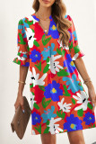 Orange Split V Collar Ruffle Sleeve Floral Shift Dress
