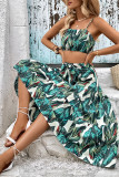 Green Palma Print Spaghetti Top and Skirt 2PCS Set