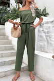 Plain Off Shoulder Drawstring Jumpsuit