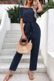 Plain Off Shoulder Drawstring Jumpsuit