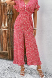 Red Floral Print Ruffle Sleeves Wide Leg Jumpsuit