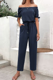 Plain Off Shoulder Drawstring Jumpsuit