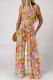 Multicolor Floral Print Shirred Sleeveless Wide Leg Jumpsuit