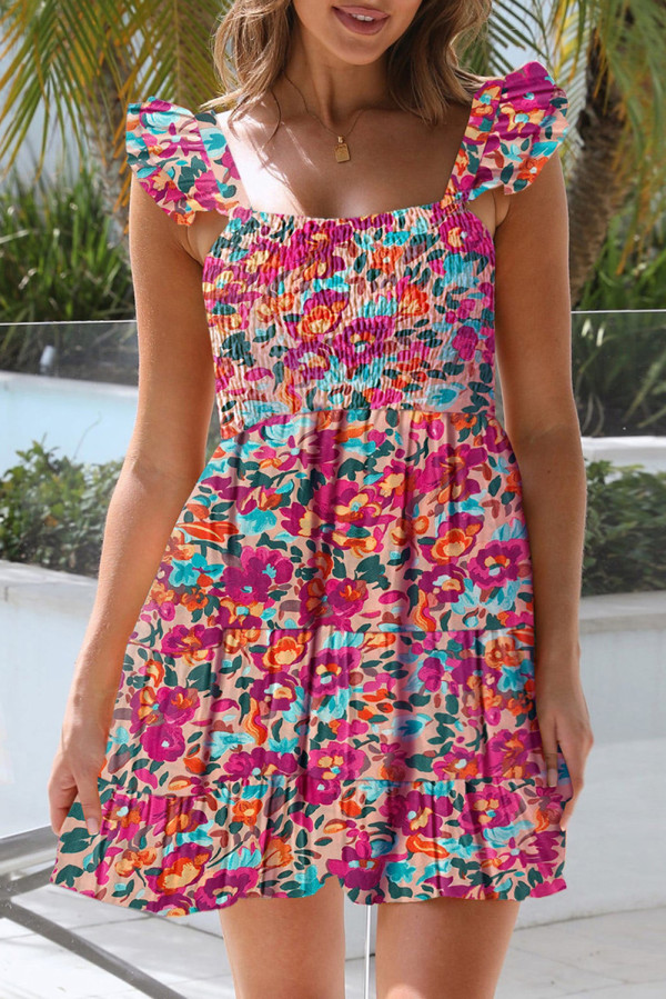 Rose Ruffled Shirred Sleeveless High Rise Floral Mini Dress