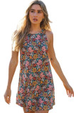 Multicolor Vintage Floral Print Keyhole Back Sleeveless Mini Dress