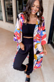 Multicolor Abstract Print Quarter Sleeve Pocketed Open Front Kimono