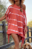 Red Tie Dye Striped Fringe Trim Oversized T-shirt Dress