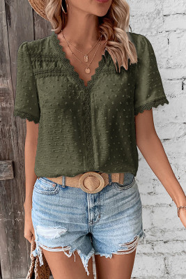 Swiss Dot V Neck Crochet Hem Plain Top