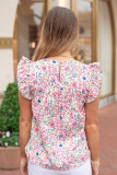 Multicolor Floral Embroidered Pom Pom Trim Flutter Sleeve Blouse