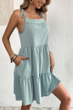 Green Tiered Splicing Pockets Spaghetti Dress