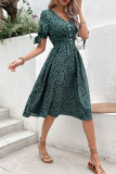 V Neck Buttoned Turquoise Spot Smocked Waist Mini Dress
