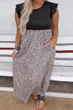 Black Plus Size Rib Leopard Short Sleeve Maxi Dress